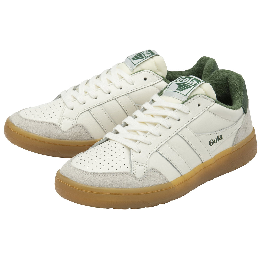 Pair of Gola men's off-white shoes with green accents and gum soles, angled side view.