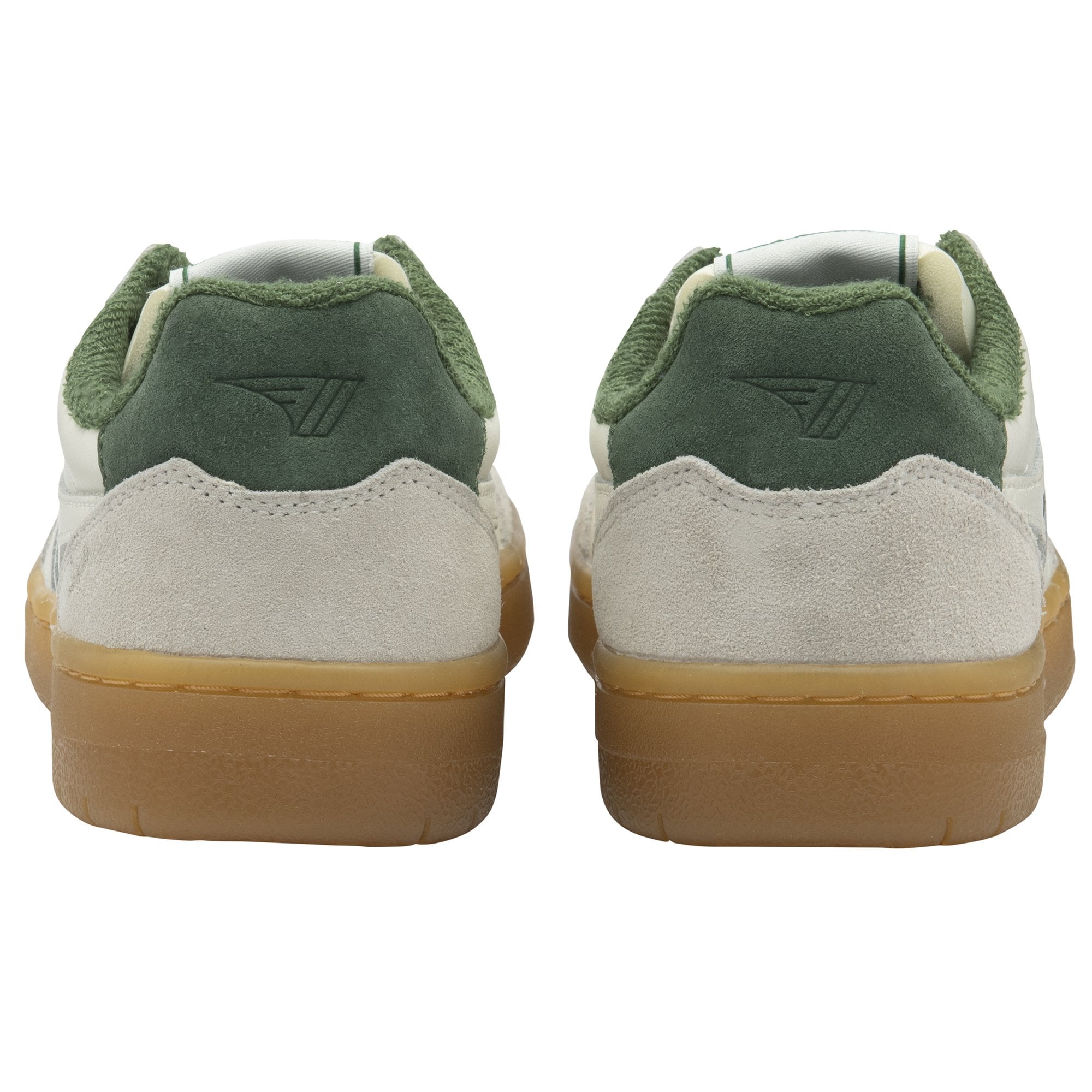 Back view of a pair of Gola men's off-white shoes with green heel accents.