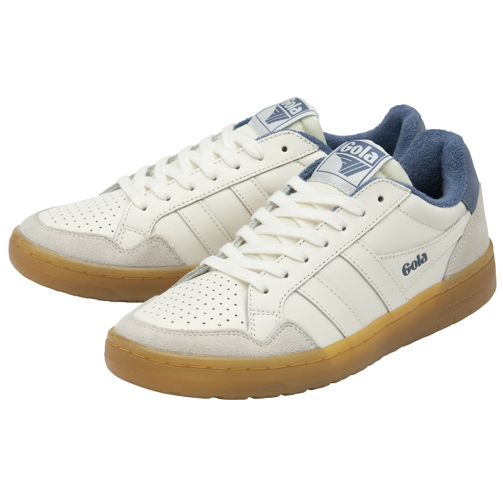 Pair of white Gola sneakers with brown soles and blue accents, angled together.