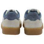 Back view of a pair of white Gola sneakers with blue heels and brown soles.