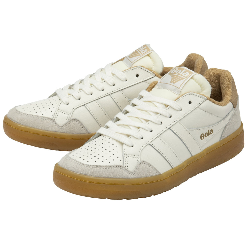 A pair of white and brown Gola sneakers with gum soles, viewed from an angle.