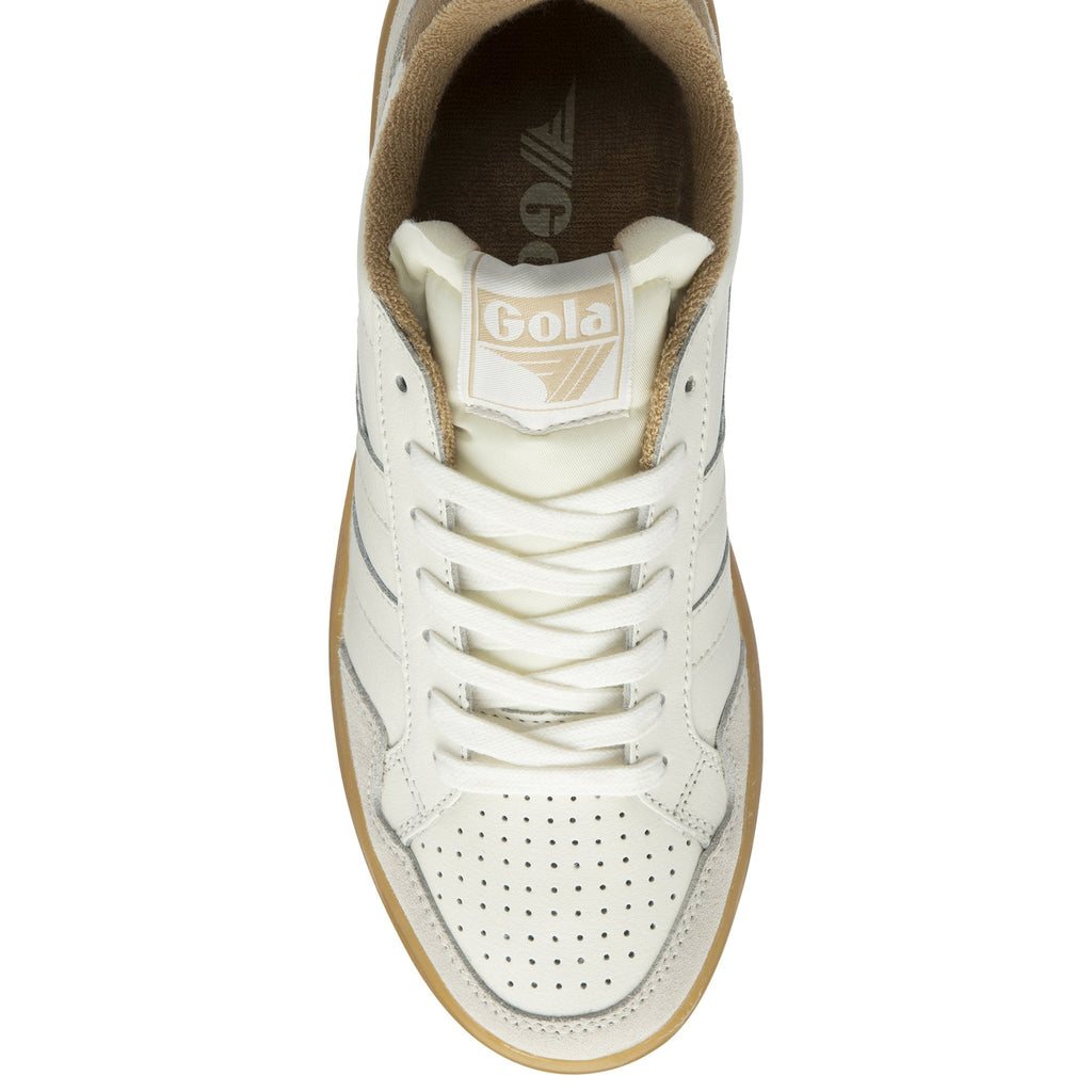 A single white and brown Gola sneaker with a gum sole, viewed from above.
