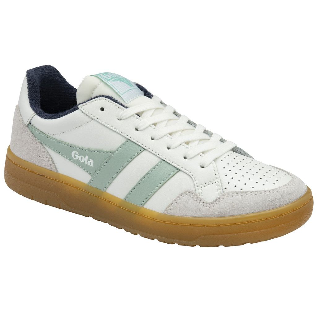 A single Gola women's sneaker, white with light green stripes, shown from the left side.