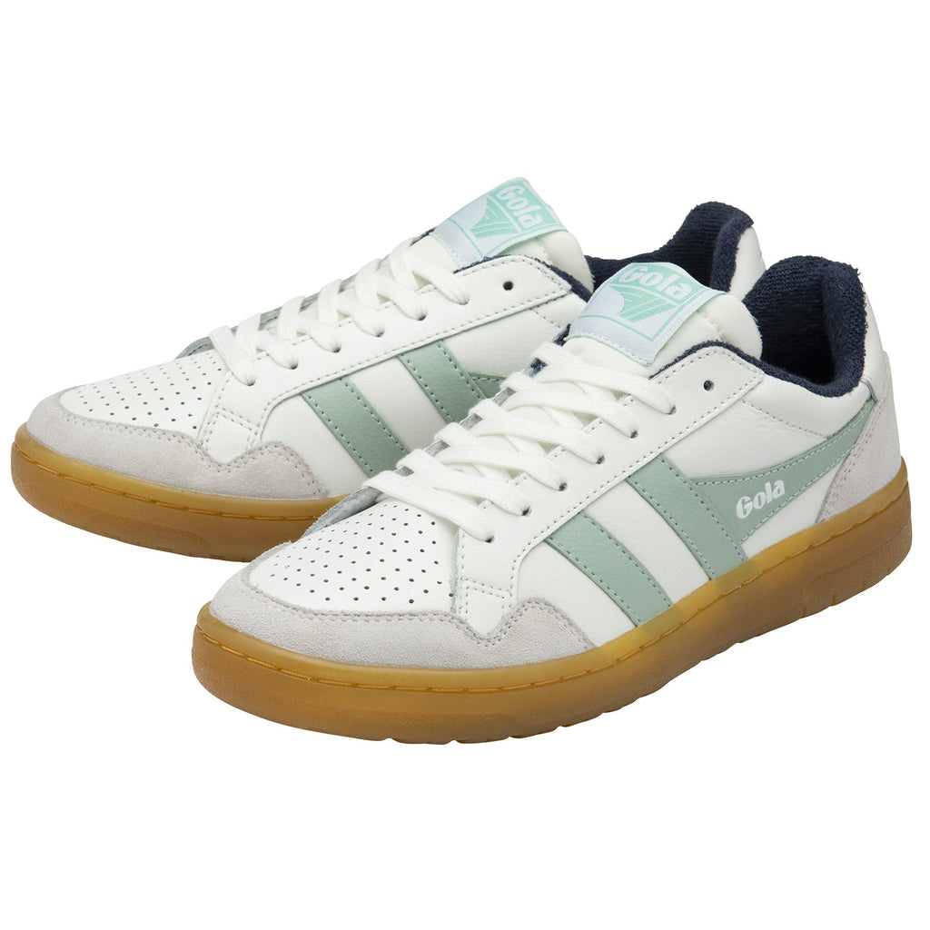 A pair of Gola women's sneakers, white with light green stripes, angled to the left.