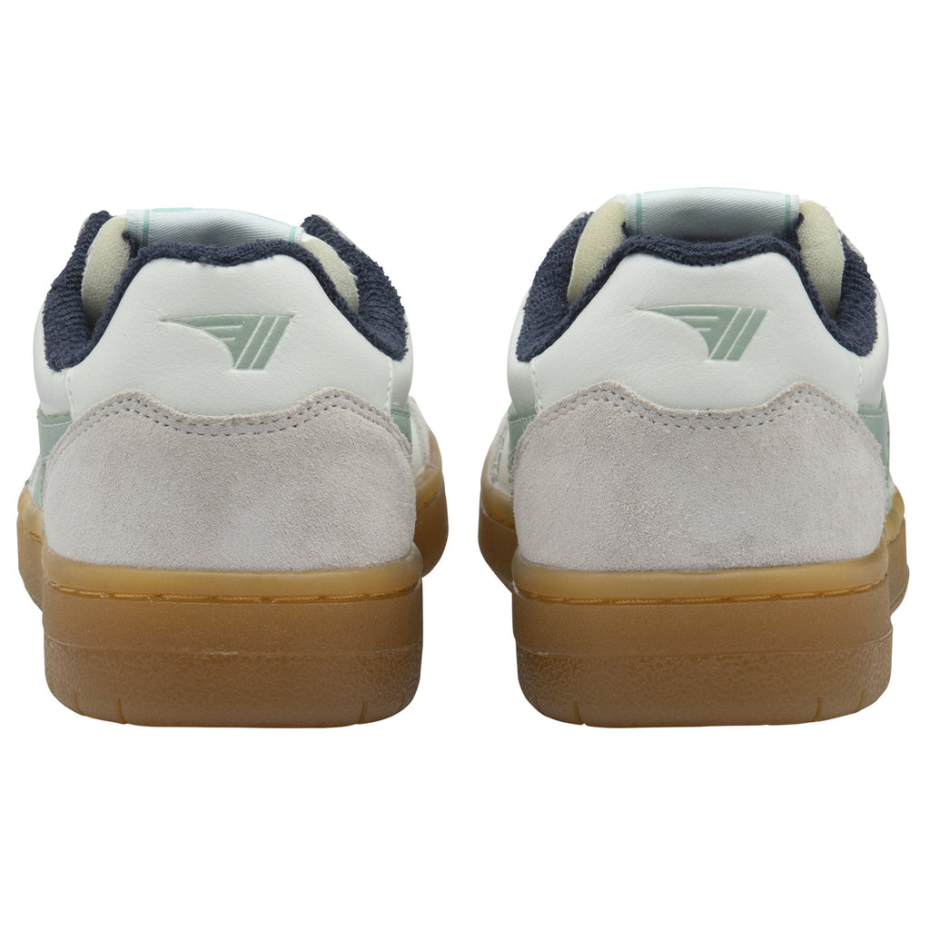 Rear view of a pair of Gola women's sneakers, white with light green accents.