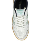 Top-down view of a single Gola women's sneaker, white with light green stripes.