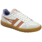 Front side view of a white Gola sneaker with orange stripes and a gum sole.