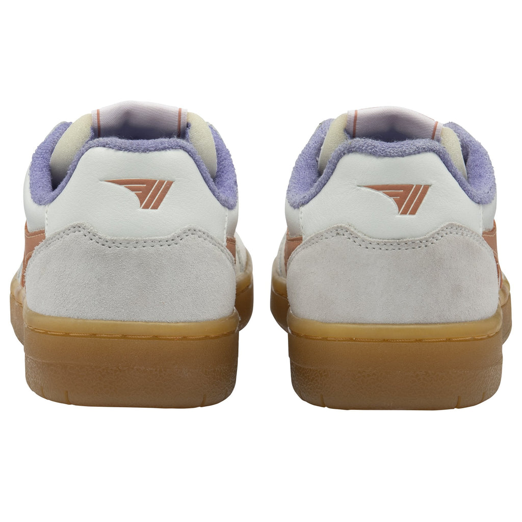 Back view of a pair of white Gola sneakers with orange logos and gum soles.