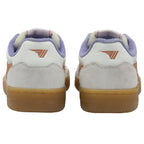 Back view of a pair of white Gola sneakers with orange logos and gum soles.