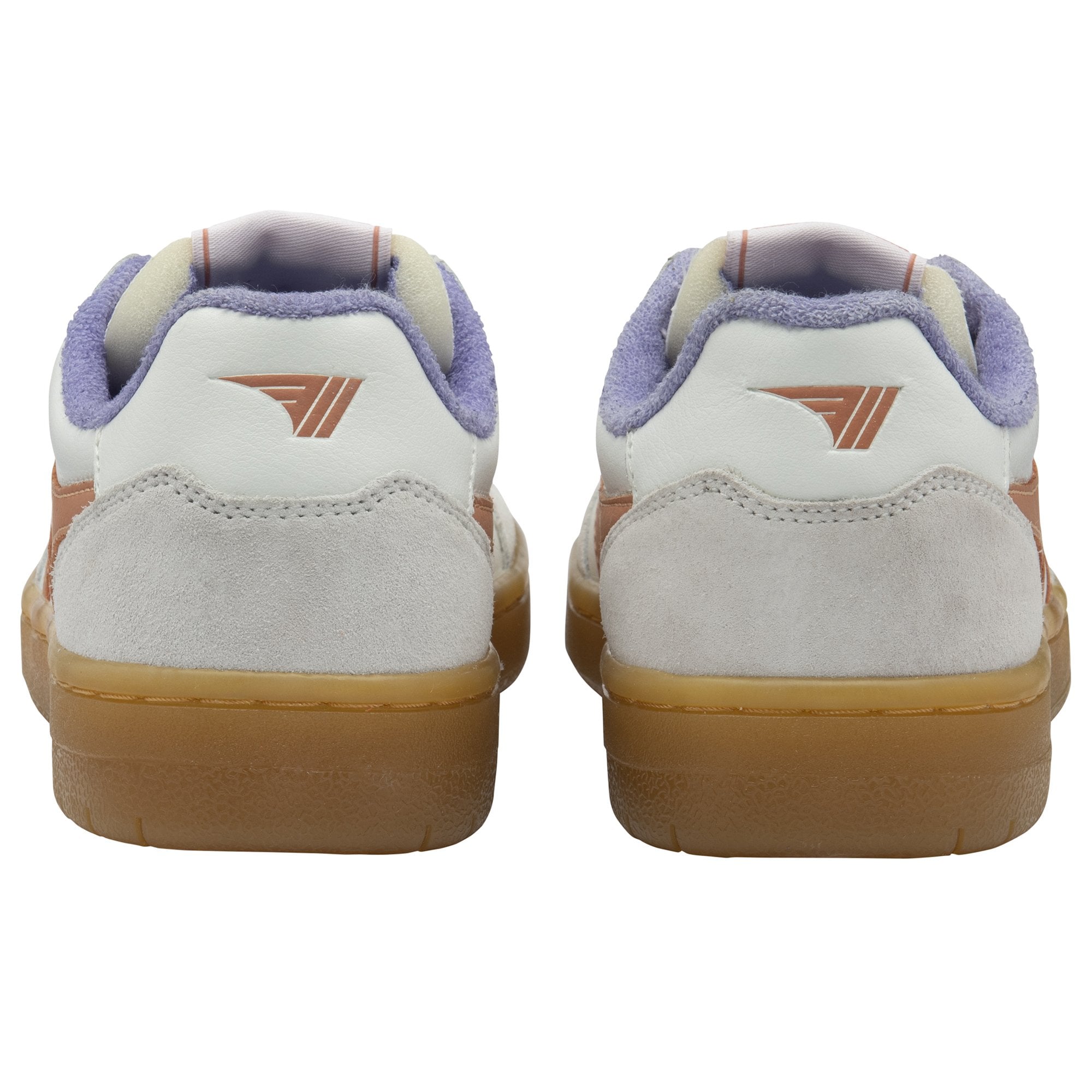Back view of a pair of white Gola sneakers with orange logos and gum soles.