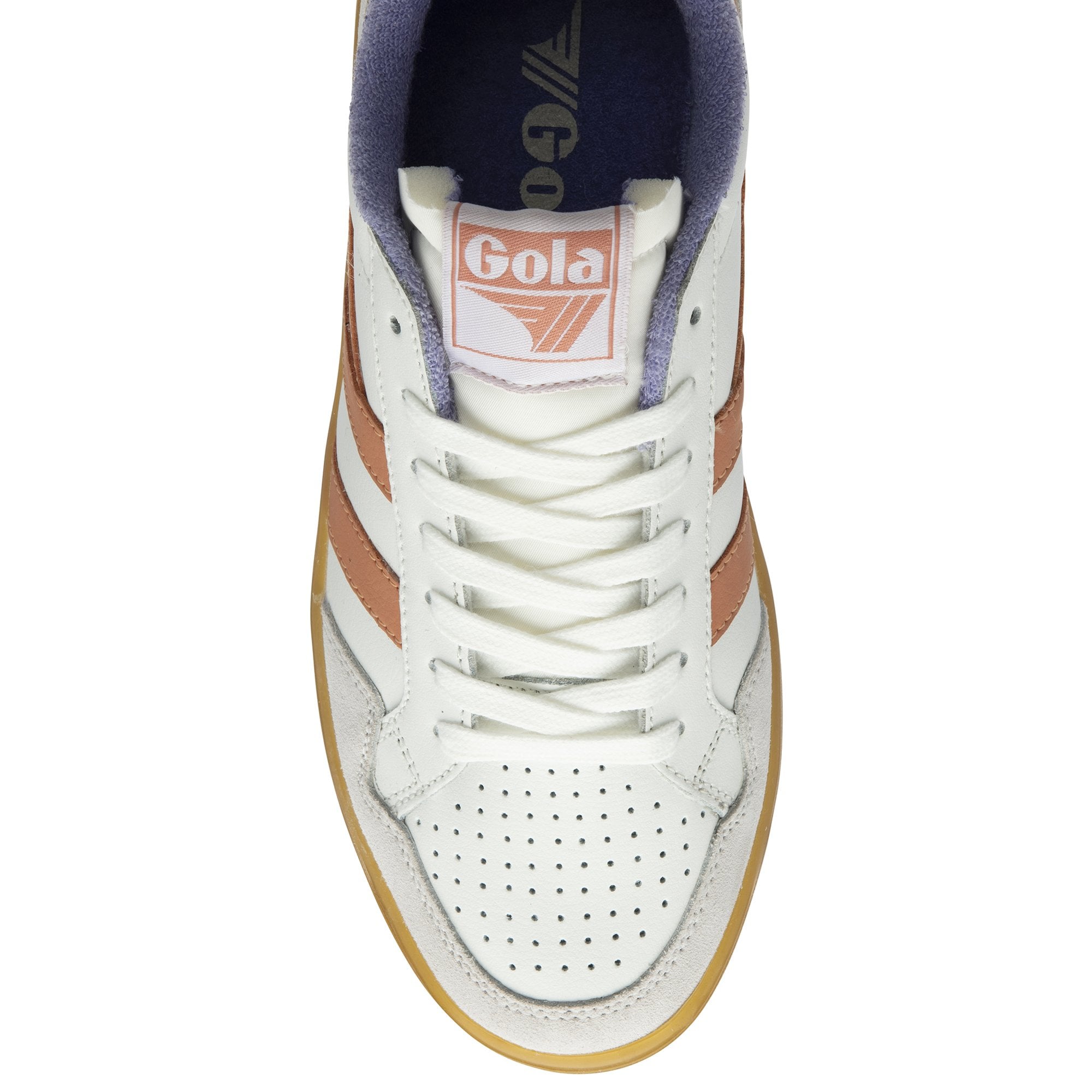 Top down view of a white Gola sneaker with orange stripes and white laces.