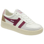 A white Gola sneaker with burgundy stripes and tan heel accents.