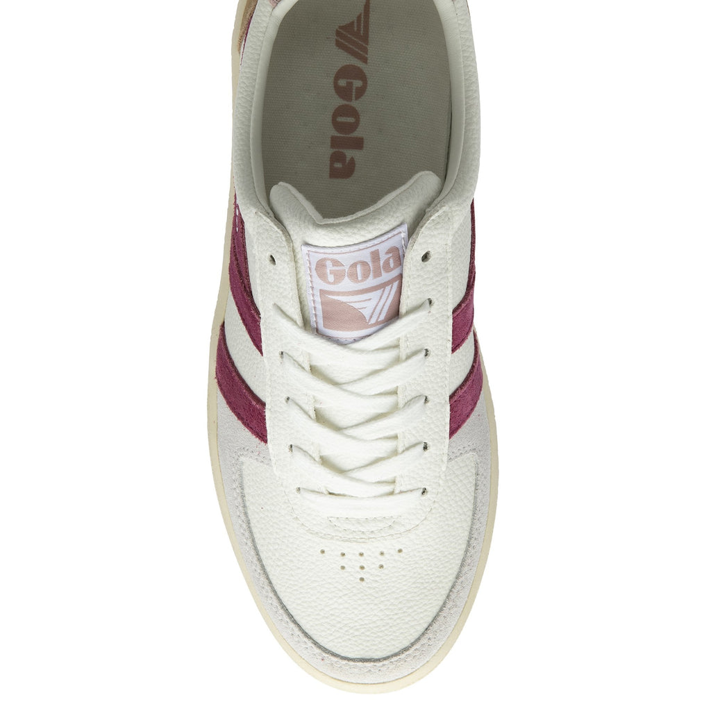 The top-down view of a white Gola sneaker with burgundy stripes and white laces.