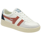 A white Gola sneaker with rust-colored stripes and blue and black accents.