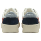 The back view of a pair of white Gola sneakers with blue and black accents.