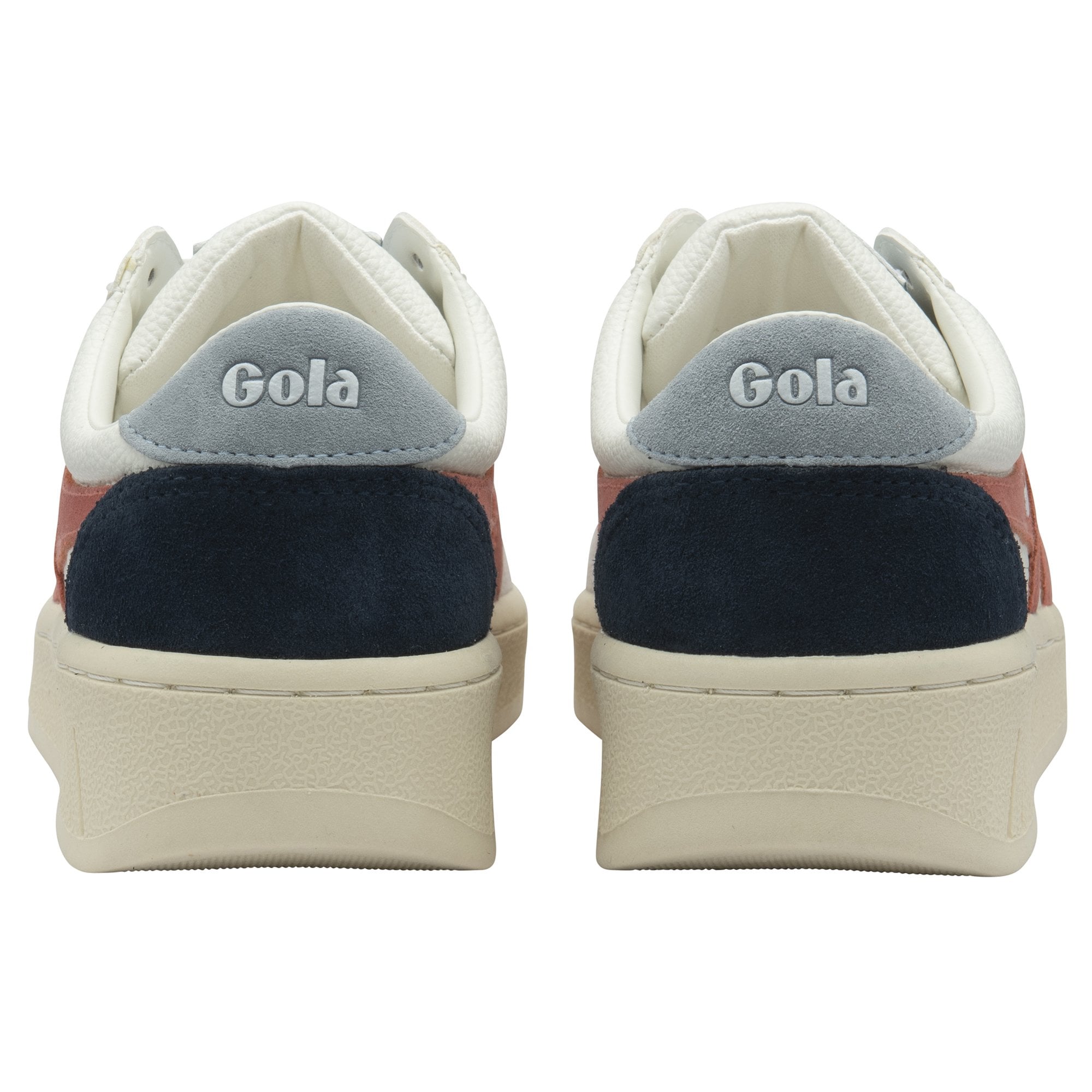 The back view of a pair of white Gola sneakers with blue and black accents.