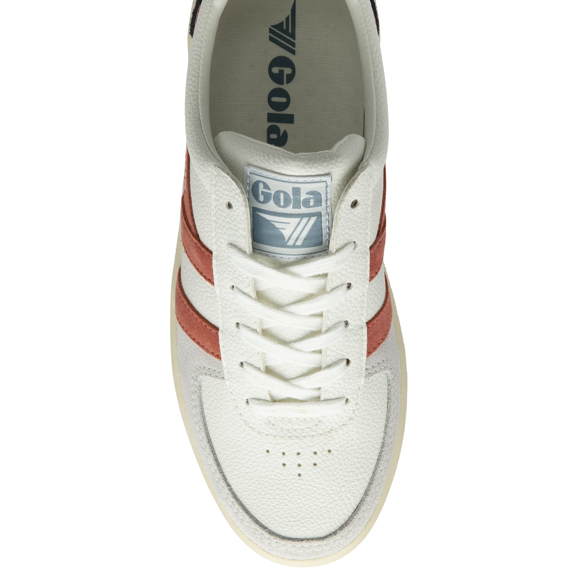 Top-down view of a white Gola sneaker with rust-colored stripes.