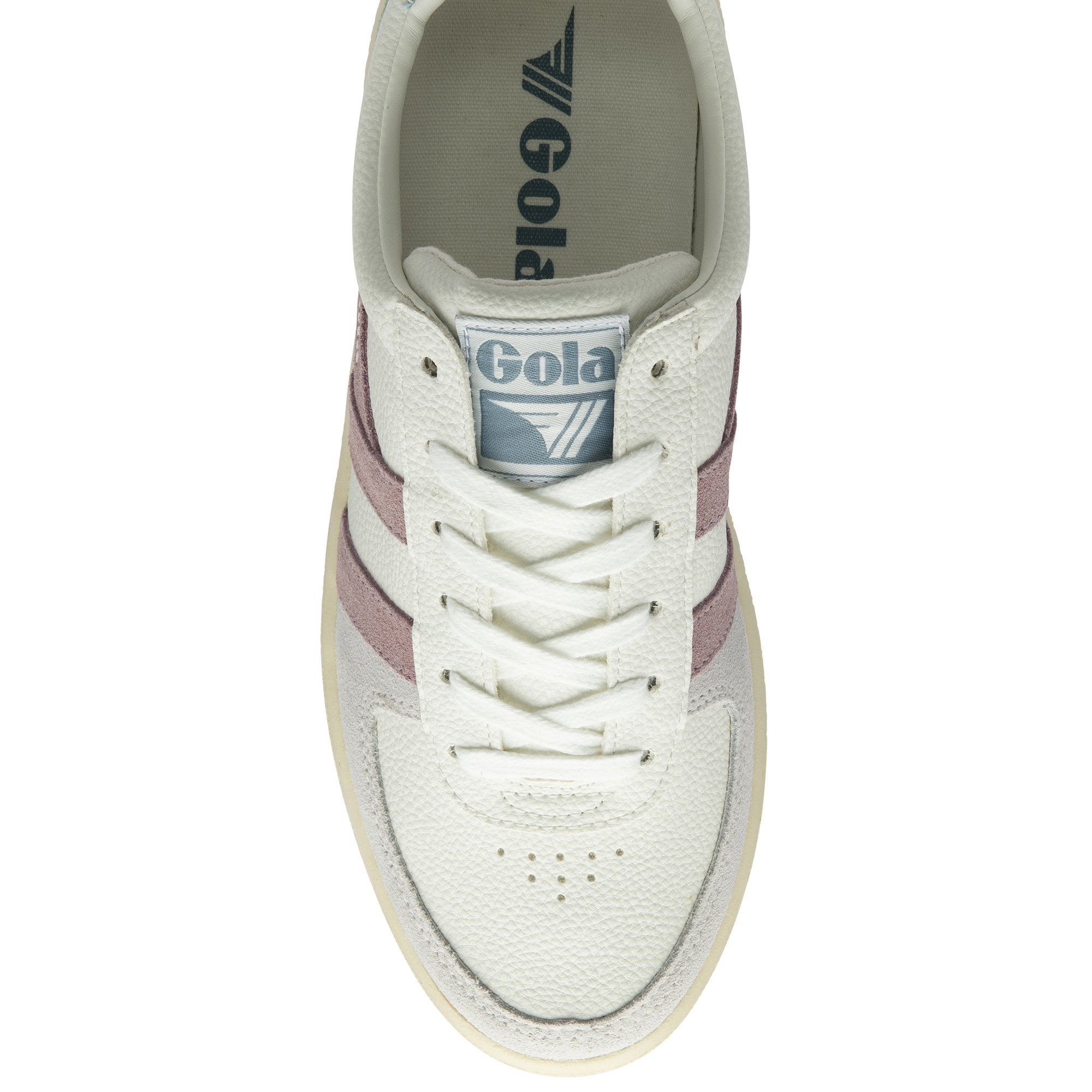 The top view of a white, pink, and green Gola sneaker.