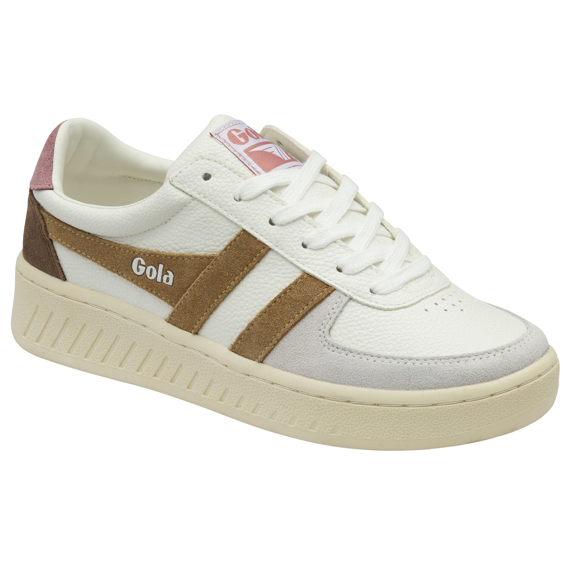A single Gola women's sneaker, with white, pink, and brown colors, on a white background.