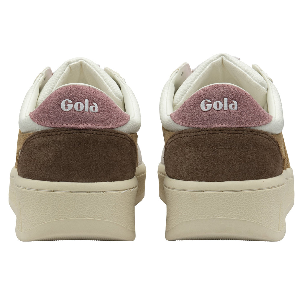 The back of a pair of white, pink, and brown Gola women's sneakers.