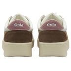 The back of a pair of white, pink, and brown Gola women's sneakers.