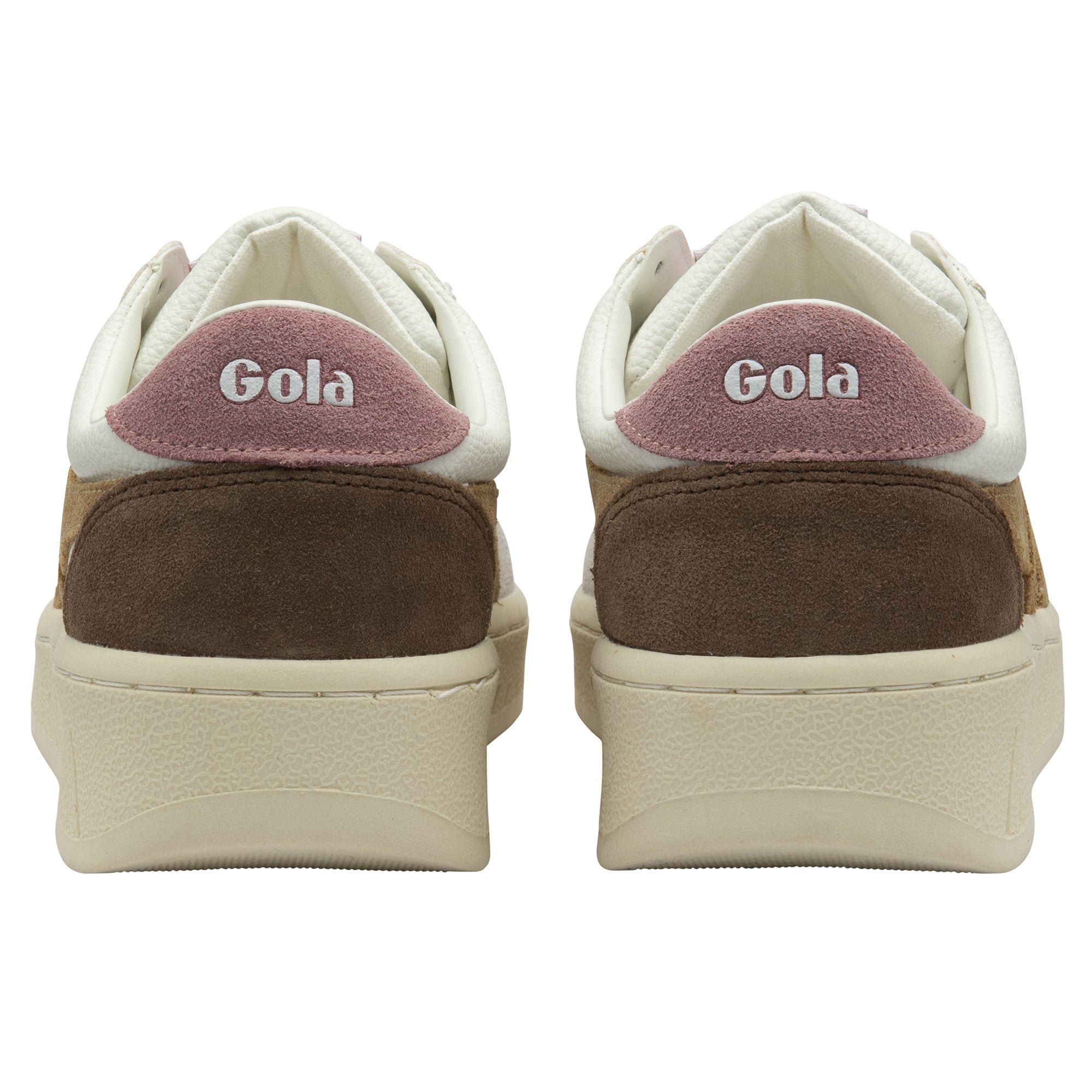 The back of a pair of white, pink, and brown Gola women's sneakers.