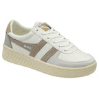 A white Gola sneaker with a beige stripe, another side view.