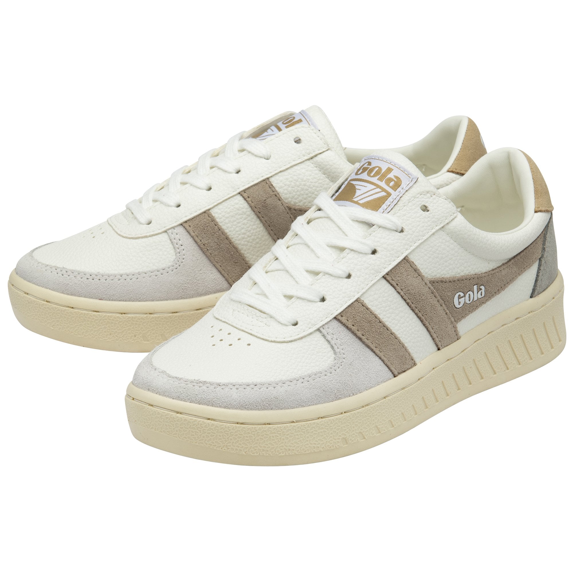 Two white Gola sneakers with beige stripes, front angled view.