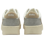 Two white Gola sneakers with beige stripes, back view.