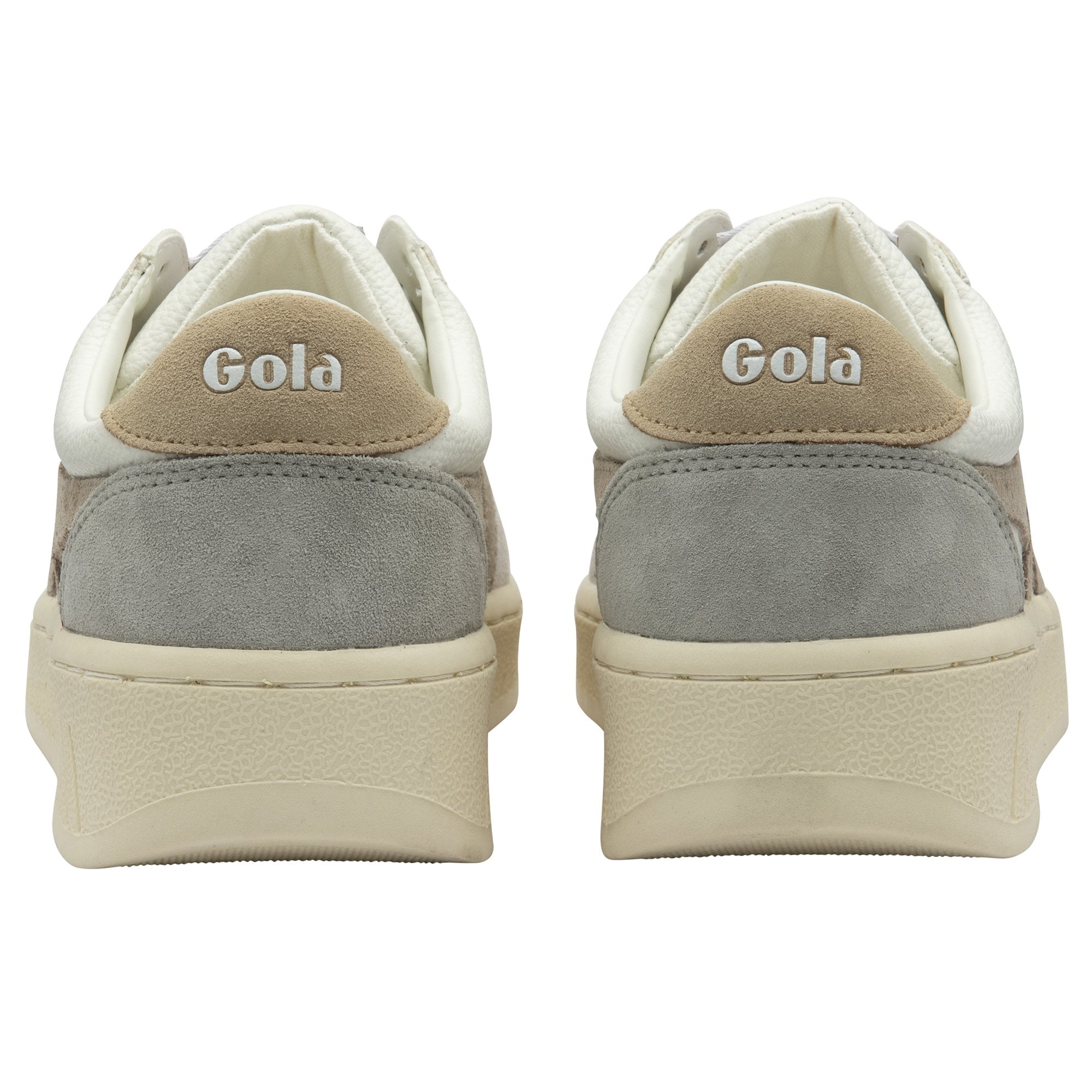 Two white Gola sneakers with beige stripes, back view.