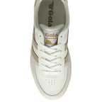 A white Gola sneaker with beige stripes, top-down view.