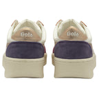 The rear view of two Gola sneakers, highlighting the purple heel and rose gold trim.