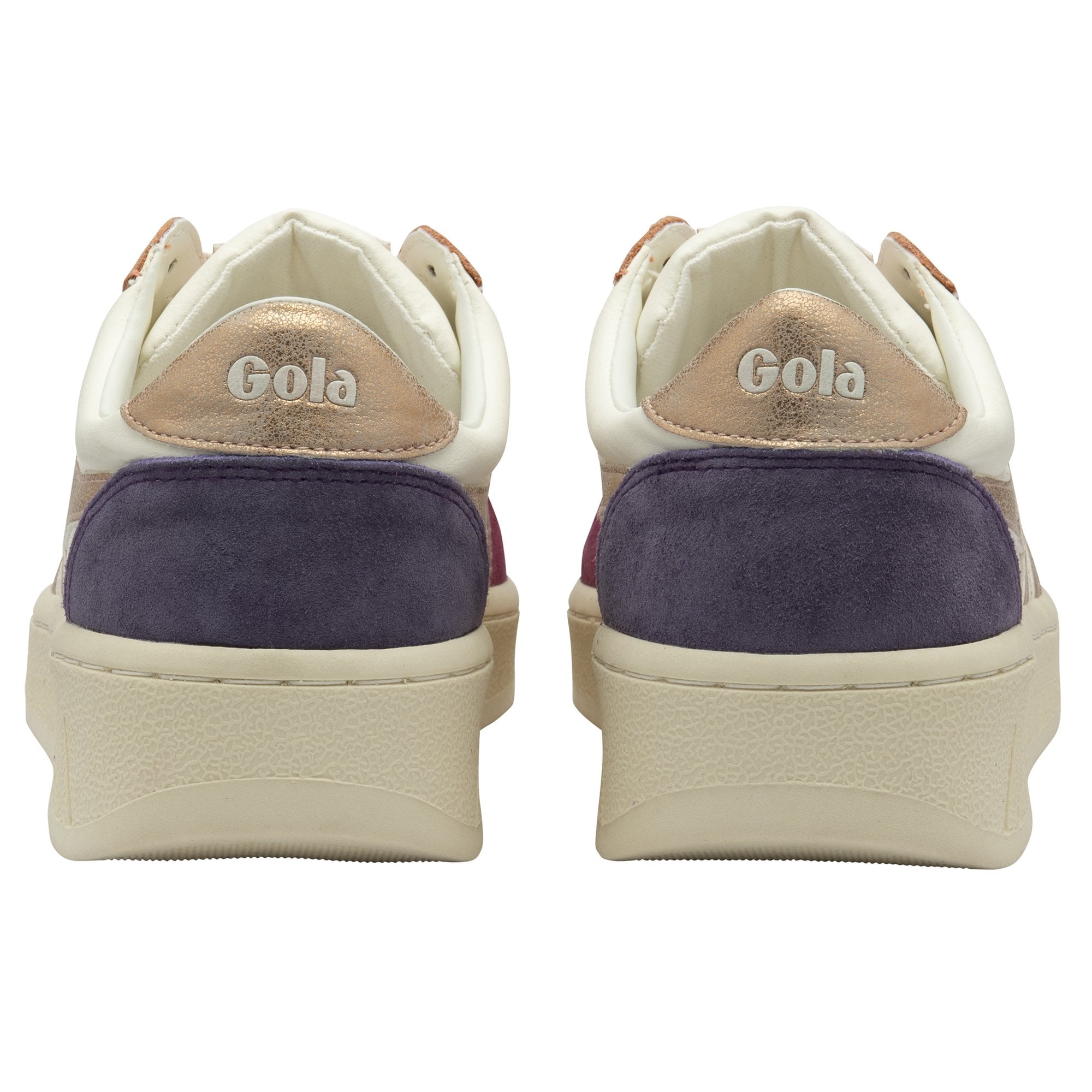 The rear view of two Gola sneakers, highlighting the purple heel and rose gold trim.