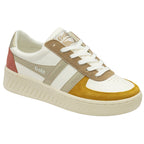 A white Gola sneaker with gold, brown, and red accents on a white background.