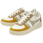 A pair of white Gola sneakers with gold, brown, and red accents on a white background.