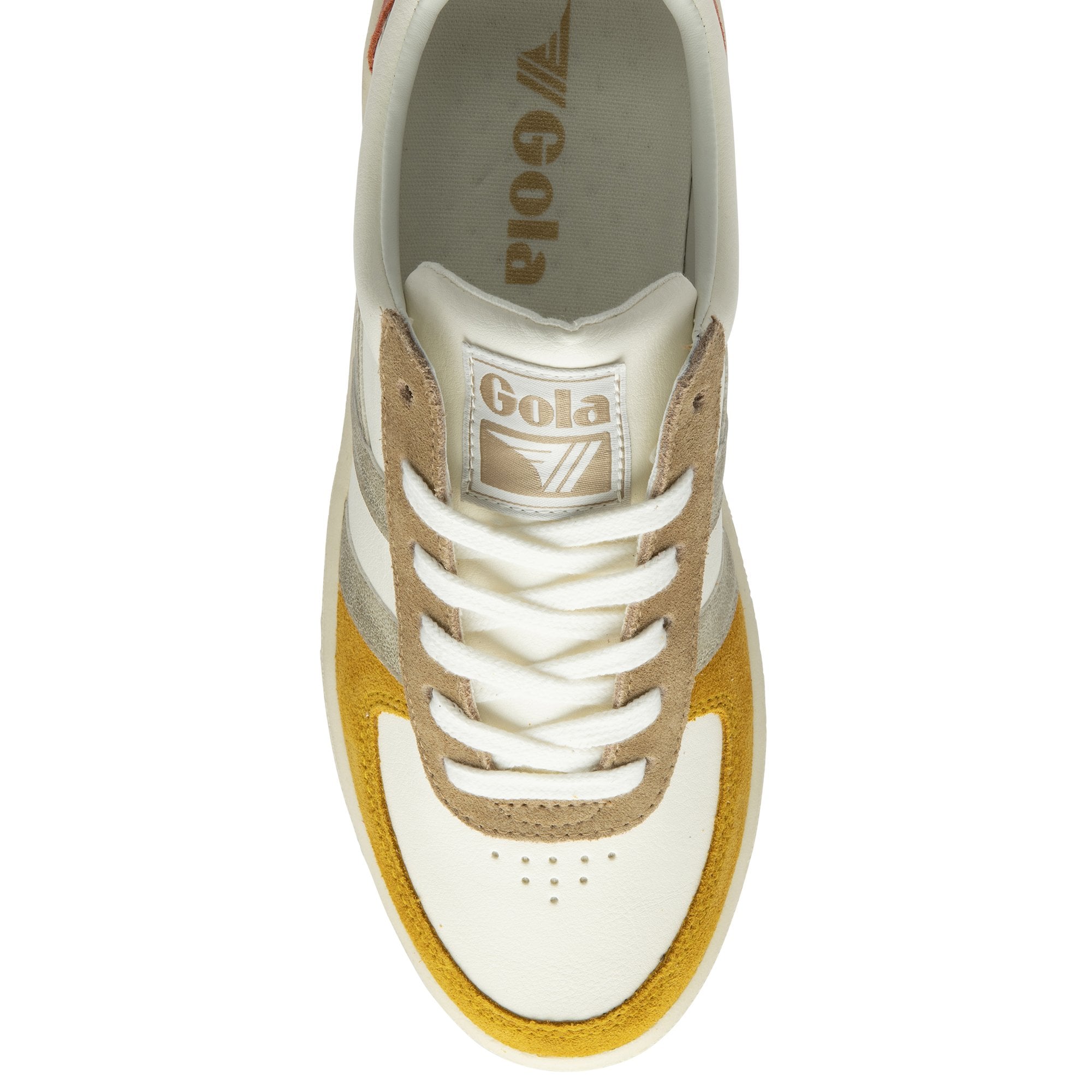 The top-down view of a white Gola sneaker with gold and brown accents on a white background.