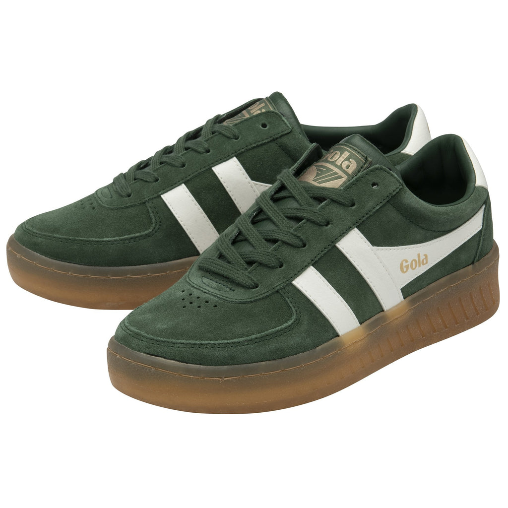 Pair of green Gola shoes with white stripes and brown soles.