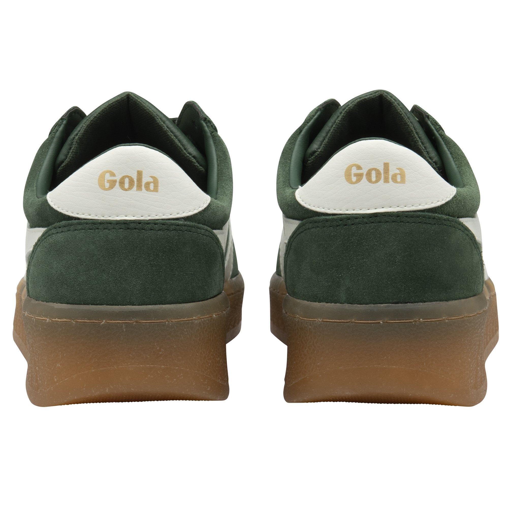 Rear view of a pair of green Gola shoes with white trim and brown soles.