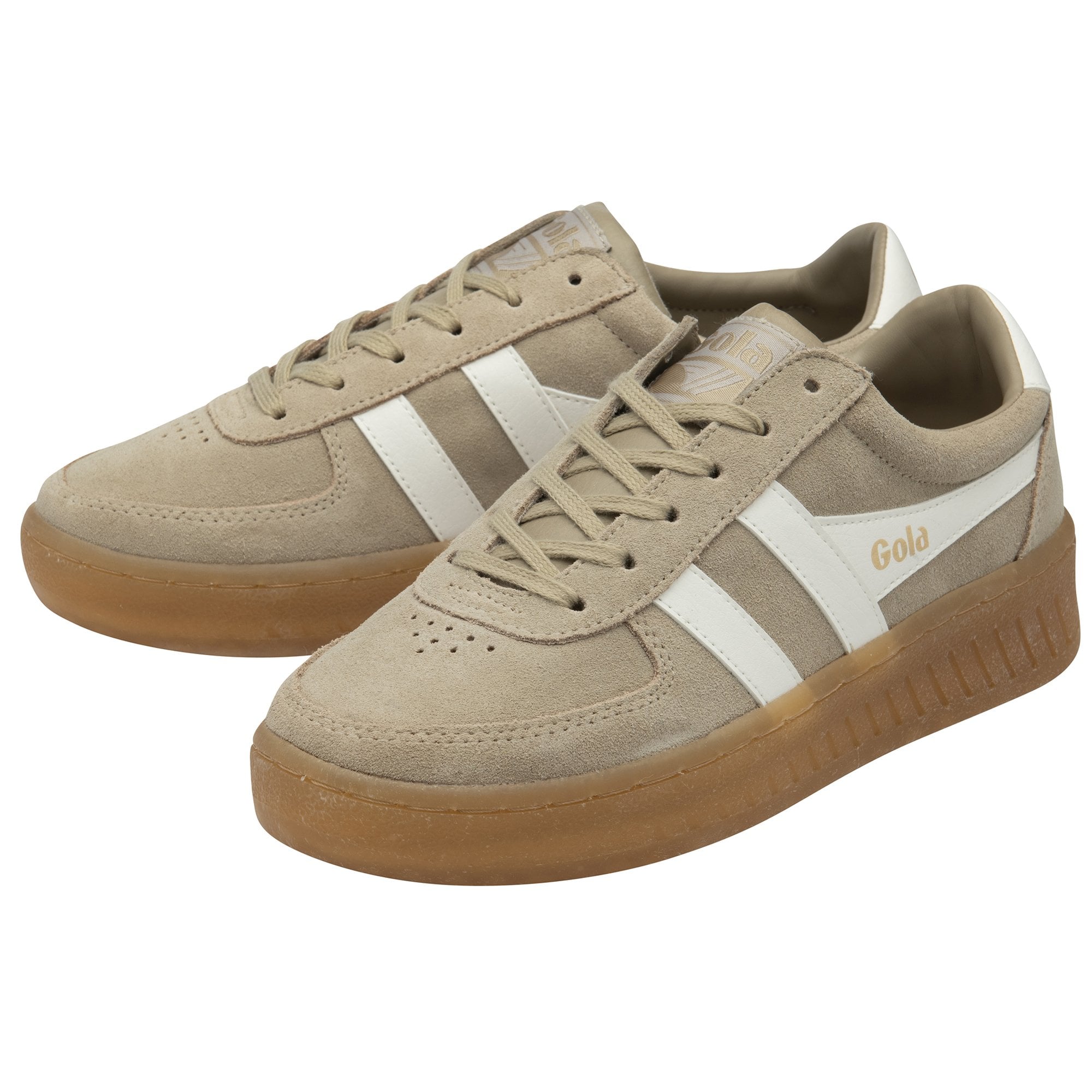 Pair of beige Gola sneakers with white stripes and brown soles.