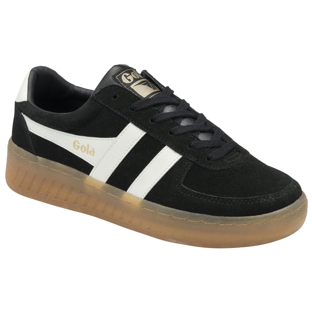 Black and white Gola low-top sneaker with a gum sole, viewed from an angle.