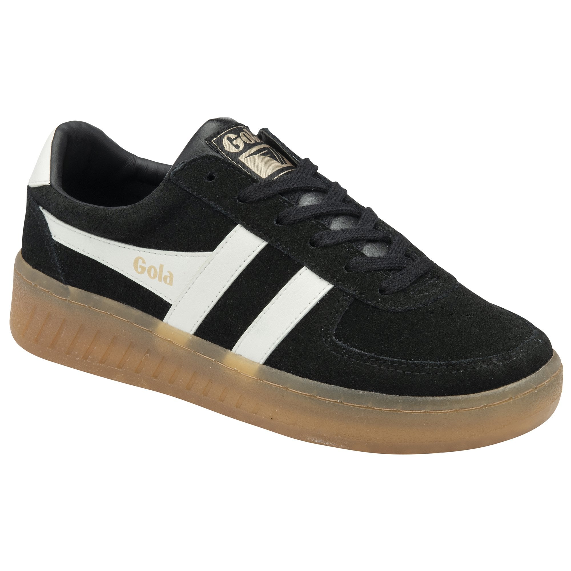 Black and white Gola low-top sneaker with a gum sole, viewed from an angle.