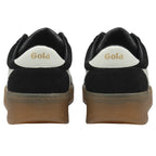 Rear view of a pair of black and white Gola low-top sneakers with gum soles.