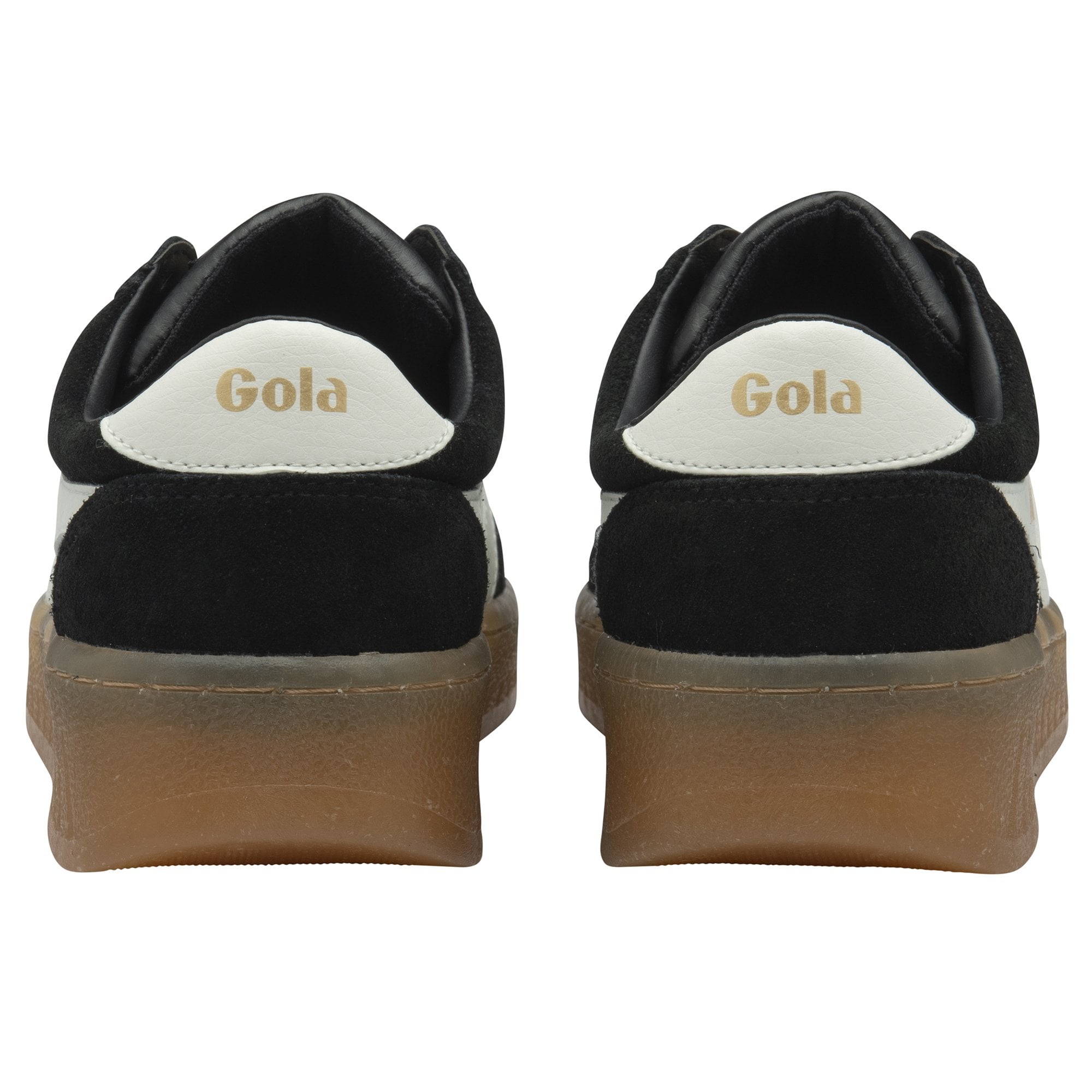 Rear view of a pair of black and white Gola low-top sneakers with gum soles.