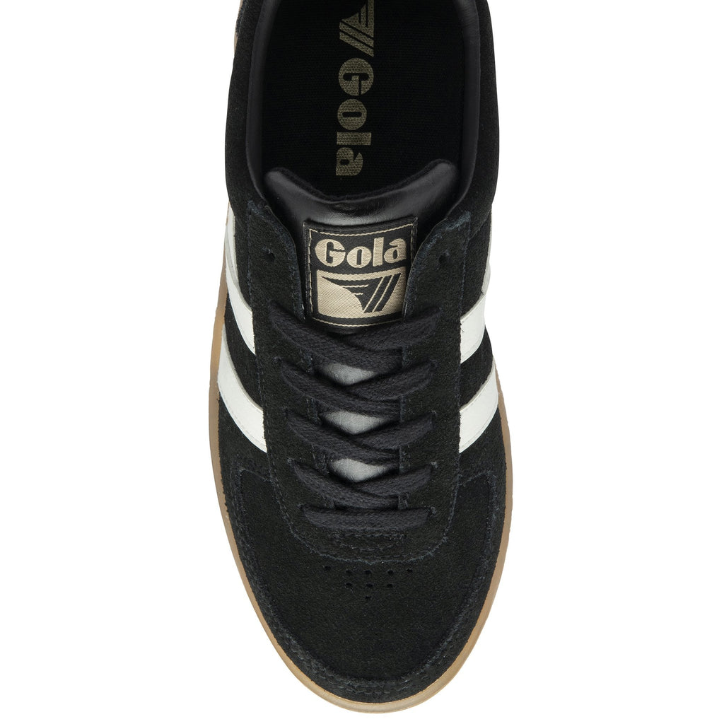 Top-down view of a black and white Gola low-top sneaker with a gum sole.