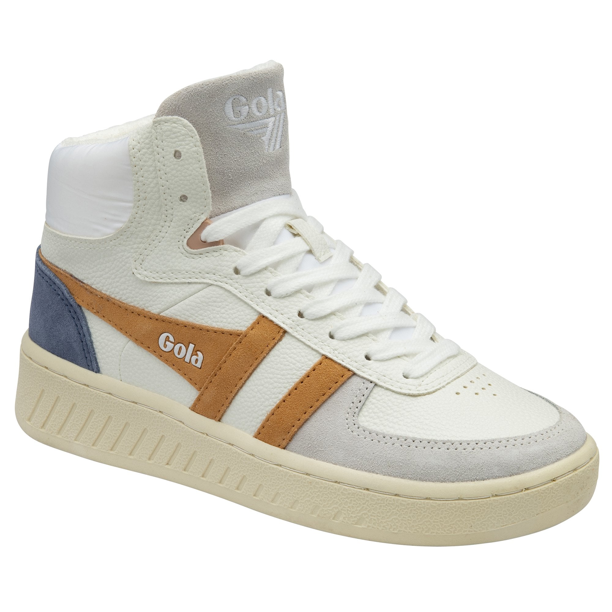 Side view of a white Gola high-top sneaker with brown stripes and a blue heel.