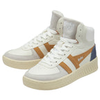 Pair of white Gola high-top sneakers with brown stripes on a white background.