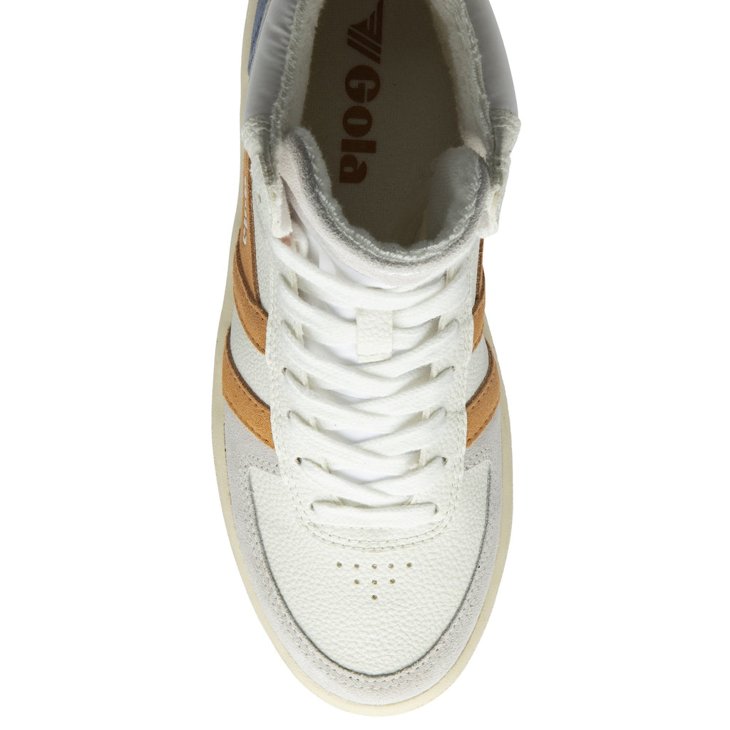 Top-down view of a white Gola high-top sneaker with brown stripes.