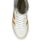 Top-down view of a white Gola high-top sneaker with brown stripes.