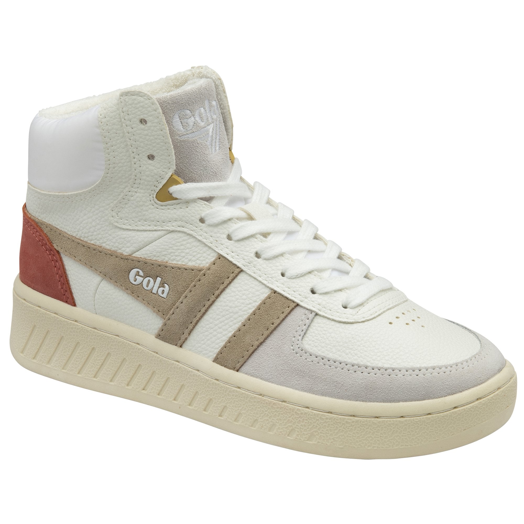 A single white Gola high-top sneaker with tan and red accents.