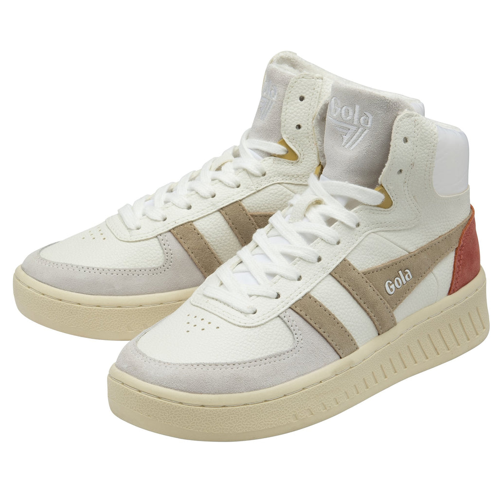 A pair of white Gola high-top sneakers with tan and red accents, angled slightly.